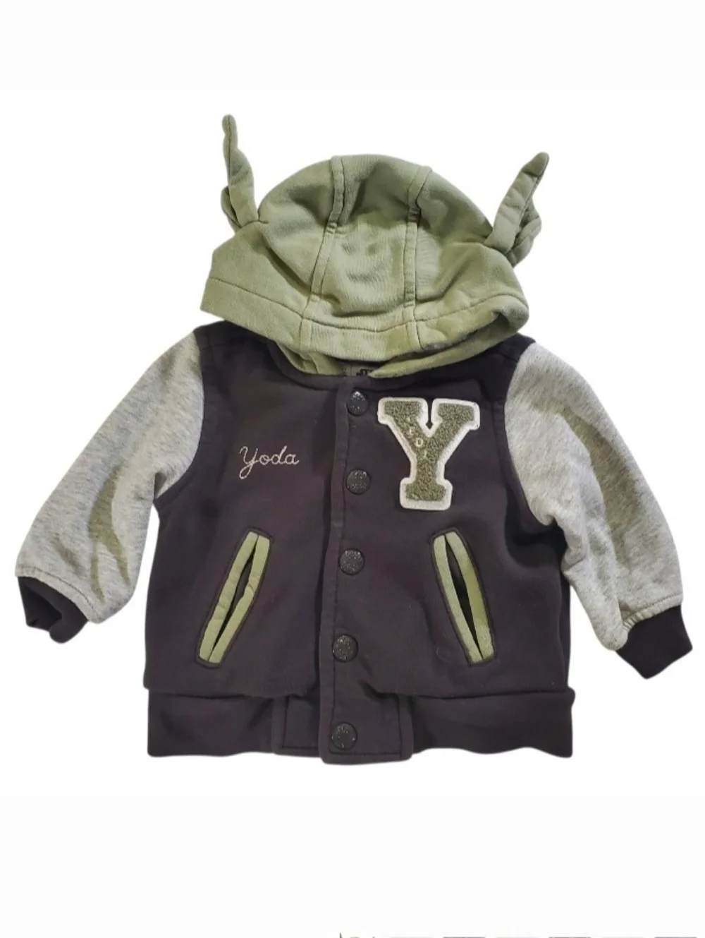 K1389 * Baby Gap x Star Wars Yoda Varsity Hoodie Jacket Gray Green Size 3/6 M